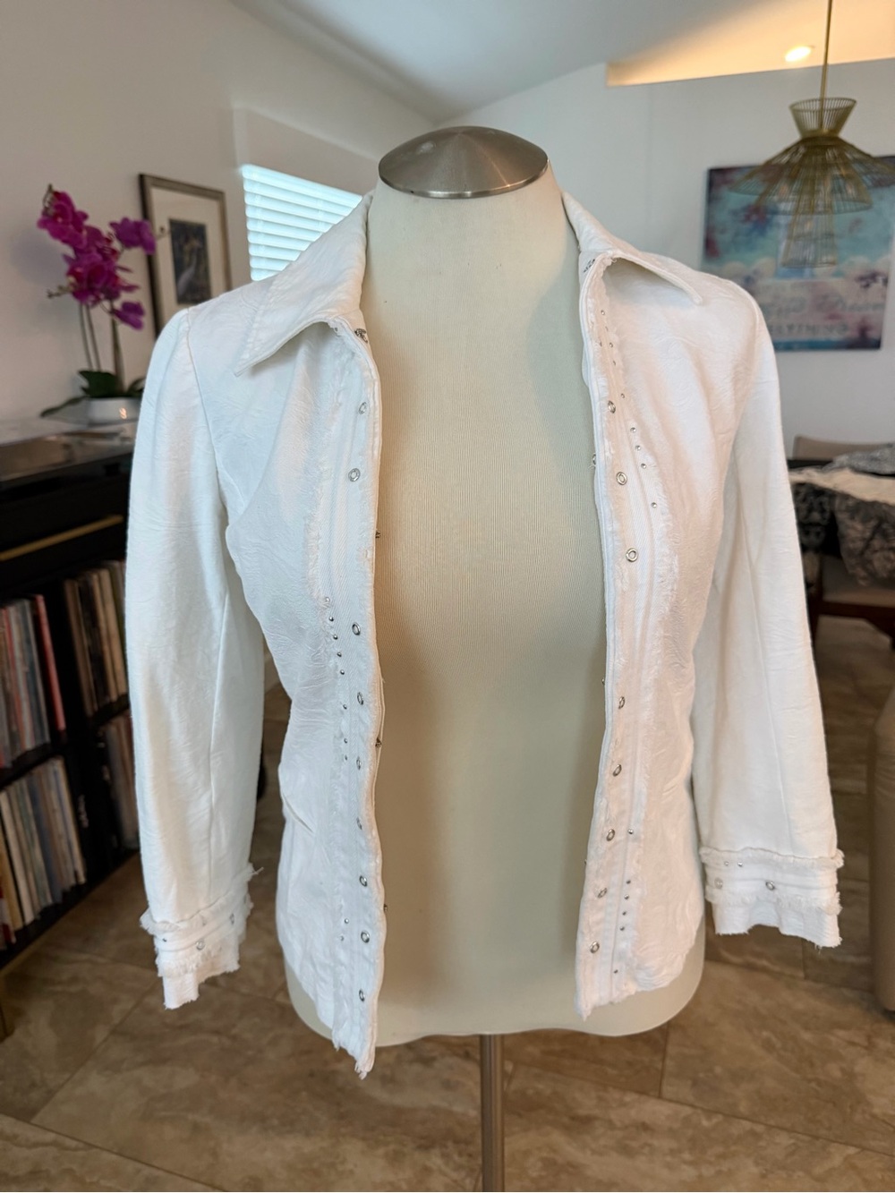 Peck & Peck White Embellished Button-Down Shirt Jacket